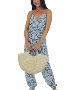 Ces Femme Pastel Blue Leopard Print Surplice Woven Jumpsuit