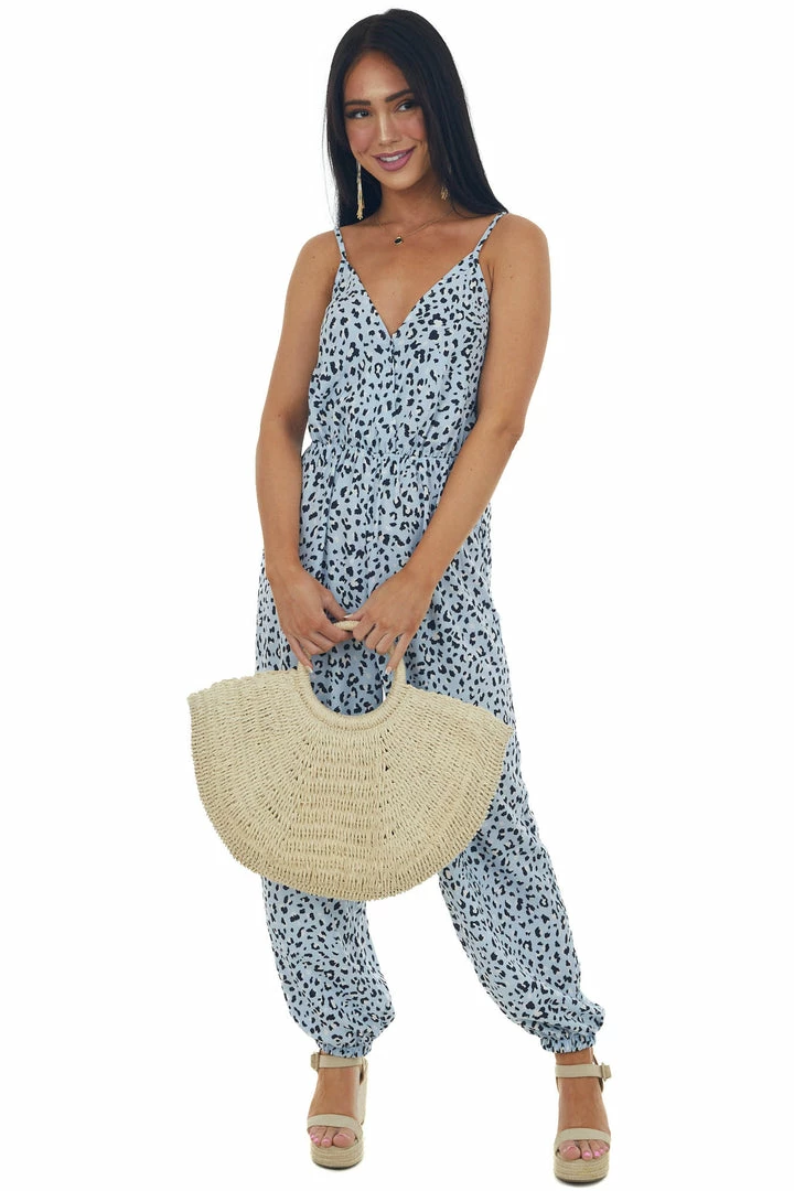 Ces Femme Pastel Blue Leopard Print Surplice Woven Jumpsuit 4 Ces Femme Pastel Blue Leopard Print Surplice Woven Jumpsuit