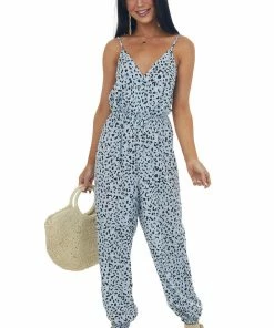 Ces Femme Pastel Blue Leopard Print Surplice Woven Jumpsuit 10 Ces Femme Pastel Blue Leopard Print Surplice Woven Jumpsuit