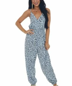 Ces Femme Pastel Blue Leopard Print Surplice Woven Jumpsuit