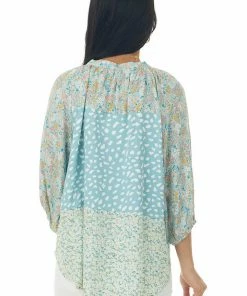 Umgee Tops Pastel Blue Multiprint Notch Neck Woven Blouse