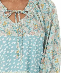 Umgee Tops Pastel Blue Multiprint Notch Neck Woven Blouse