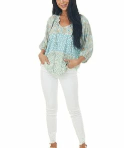 Umgee Tops Pastel Blue Multiprint Notch Neck Woven Blouse