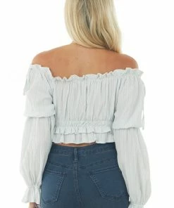 HYFVE Pastel Blue Peasant Sleeve Ruffle Crop Top Tops