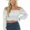 HYFVE Pastel Blue Peasant Sleeve Ruffle Crop Top Tops
