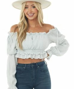 HYFVE Pastel Blue Peasant Sleeve Ruffle Crop Top Tops