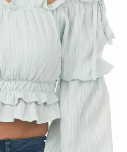 HYFVE Pastel Blue Peasant Sleeve Ruffle Crop Top Tops