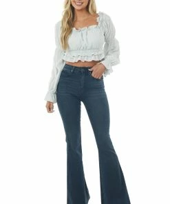 HYFVE Pastel Blue Peasant Sleeve Ruffle Crop Top Tops