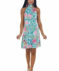 Andree Pastel Blue Printed Halter Neck Short Dress Dresses