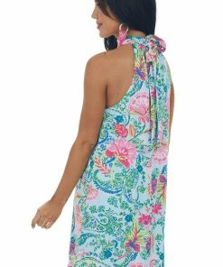 Andree Pastel Blue Printed Halter Neck Short Dress Dresses