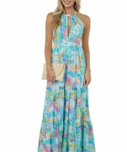 Aakaa Dresses Pastel Blue Tropical Floral Halter Neck Maxi Dress 10 Aakaa Dresses Pastel Blue Tropical Floral Halter Neck Maxi Dress