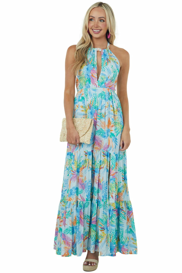 Aakaa Dresses Pastel Blue Tropical Floral Halter Neck Maxi Dress 5 Aakaa Dresses Pastel Blue Tropical Floral Halter Neck Maxi Dress