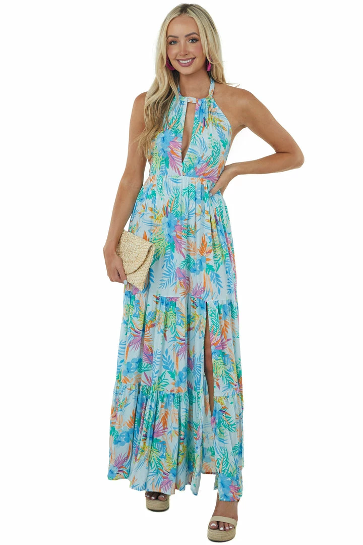 Aakaa Dresses Pastel Blue Tropical Floral Halter Neck Maxi Dress 4 Aakaa Dresses Pastel Blue Tropical Floral Halter Neck Maxi Dress