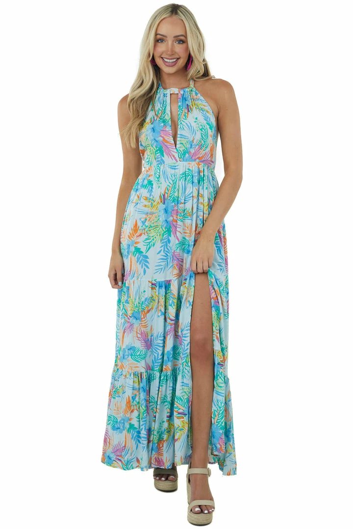 Aakaa Dresses Pastel Blue Tropical Floral Halter Neck Maxi Dress 3 Aakaa Dresses Pastel Blue Tropical Floral Halter Neck Maxi Dress