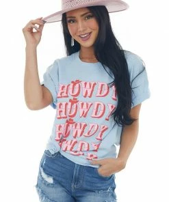 Sweet Claire Tops Pastel Blue 'Howdy' Graphic Oversized Tee