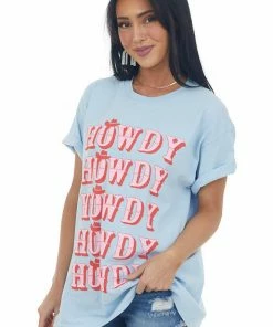 Sweet Claire Tops Pastel Blue 'Howdy' Graphic Oversized Tee
