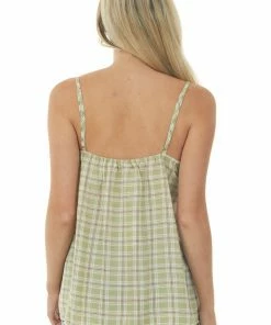 Davi & Dani Tops Pastel Olive Plaid Babydoll Tank Top With Smocked Detail