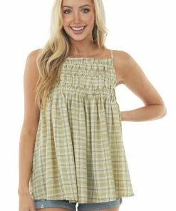 Davi & Dani Tops Pastel Olive Plaid Babydoll Tank Top With Smocked Detail
