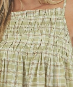 Davi & Dani Tops Pastel Olive Plaid Babydoll Tank Top With Smocked Detail
