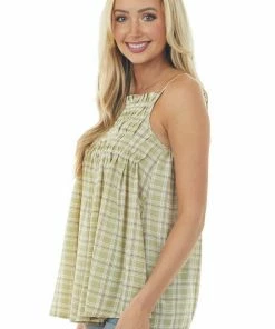 Davi & Dani Tops Pastel Olive Plaid Babydoll Tank Top With Smocked Detail