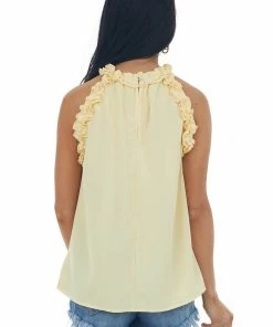 FSL APPAREL Pastel Orange Frill Trim Halter Neck Woven Top