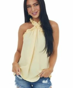 FSL APPAREL Pastel Orange Frill Trim Halter Neck Woven Top