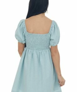 Sweet Lemon Pastel Turquoise Gingham Babydoll Mini Dress Dresses