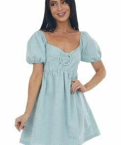Sweet Lemon Pastel Turquoise Gingham Babydoll Mini Dress Dresses