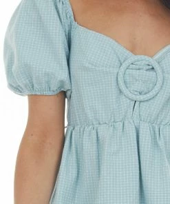 Sweet Lemon Pastel Turquoise Gingham Babydoll Mini Dress Dresses