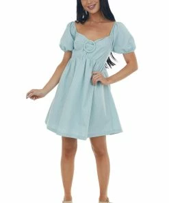 Sweet Lemon Pastel Turquoise Gingham Babydoll Mini Dress Dresses