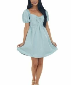 Sweet Lemon Pastel Turquoise Gingham Babydoll Mini Dress Dresses
