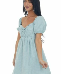 Sweet Lemon Pastel Turquoise Gingham Babydoll Mini Dress Dresses