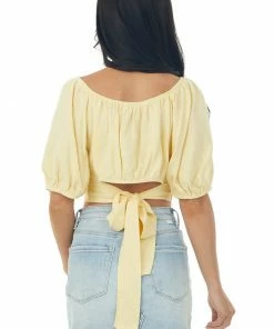 Ces Femme Tops Pastel Yellow Puff Sleeve Surplice Tie Back Top