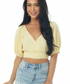 Ces Femme Tops Pastel Yellow Puff Sleeve Surplice Tie Back Top