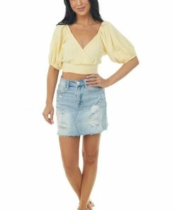 Ces Femme Tops Pastel Yellow Puff Sleeve Surplice Tie Back Top