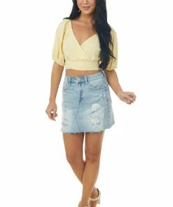 Ces Femme Tops Pastel Yellow Puff Sleeve Surplice Tie Back Top