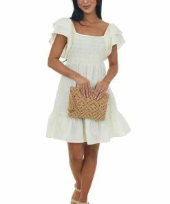 Umgee Pastel Yellow Smocked Babydoll Ruffle Dress Dresses