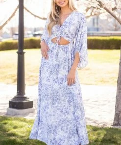 Entro Pastel Blue Floral Print Cut Out Maxi Dress
