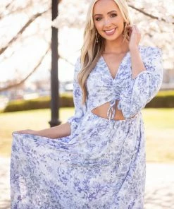 Entro Pastel Blue Floral Print Cut Out Maxi Dress