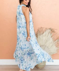Peach Love Dresses Pastel Blue Floral Print Halter Neck Maxi Dress