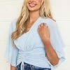 L Love Pastel Blue Flutter Sleeve Ruched V Neck Blouse