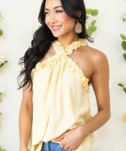 FSL APPAREL Pastel Orange Frill Trim Halter Neck Woven Top