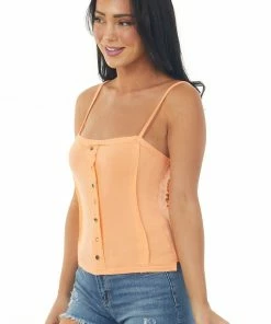 POL Clothing Peach Button Raw Edge Detail Cami Top Tops