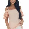 BiBi Tops Peach Cold Shoulder Lace Sleeve Knit Top
