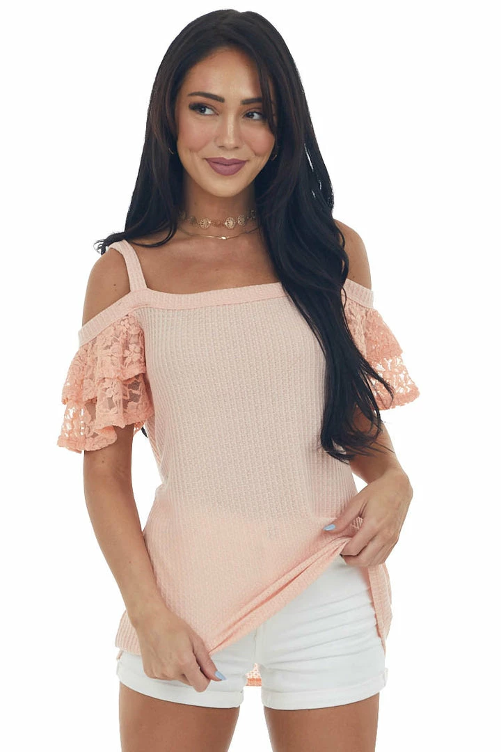 BiBi Tops Peach Cold Shoulder Lace Sleeve Knit Top 3 BiBi Tops Peach Cold Shoulder Lace Sleeve Knit Top