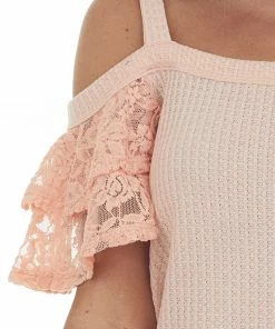 BiBi Tops Peach Cold Shoulder Lace Sleeve Knit Top 13 BiBi Tops Peach Cold Shoulder Lace Sleeve Knit Top