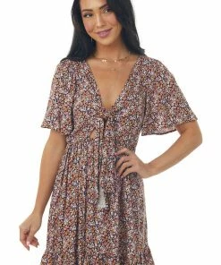 Lush Clothing Peach Ditsy Floral Front Tie Ruffle Mini Dress Dresses