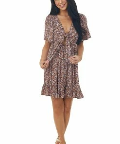 Lush Clothing Peach Ditsy Floral Front Tie Ruffle Mini Dress Dresses
