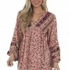 Umgee Tops Peach Floral Babydoll Bubble Sleeve Blouse