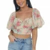 HYFVE Peach Floral Bubble Sleeve Ruched Crop Top Tops